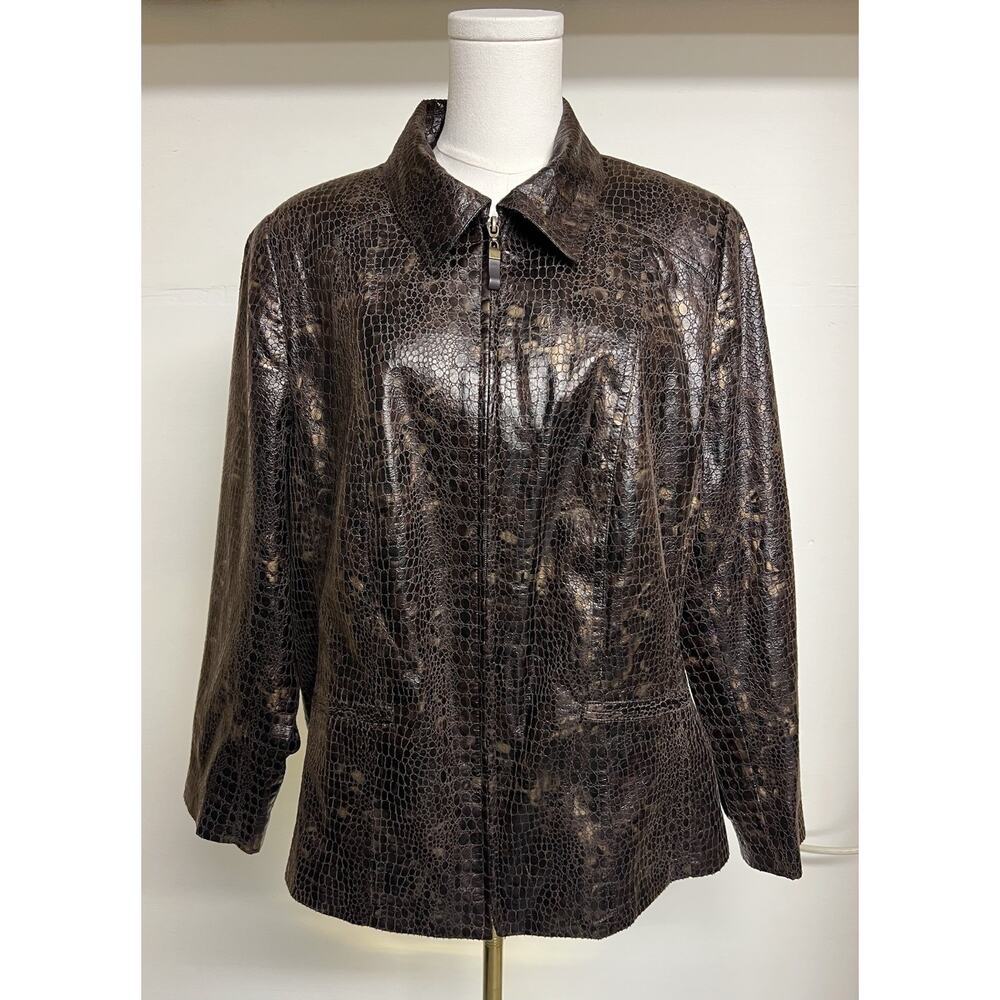 Womens Kim Rogers‎ Jacket PL Brown Reptile Zippered Collared Faux Pockets